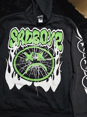 Sad Boyz by Junior H "Broken Glass" Graphic Hoodie – Black/Neon Green – Size XL